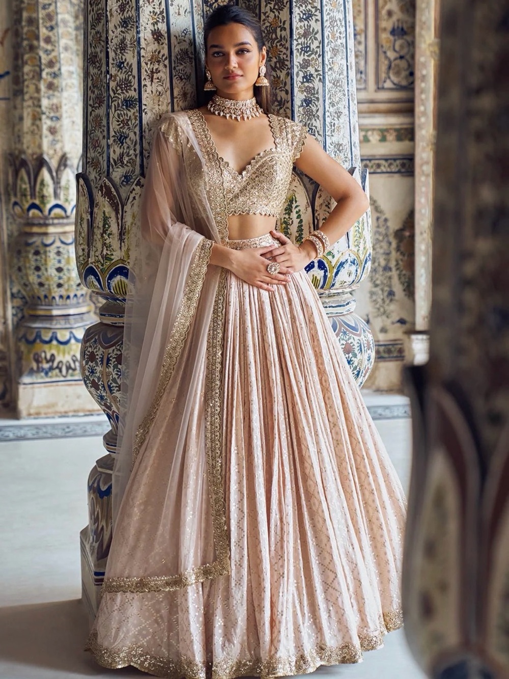 Embellished Blush Pink Lehenga Set with Gold Accents